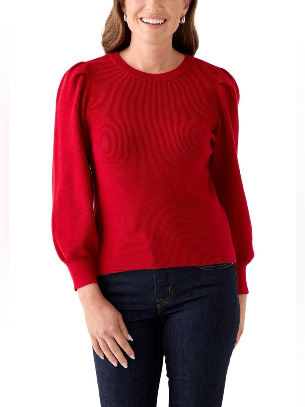 AK ANNE KLEIN Petite Women's Red Puff-Sleeve Sweater - Classic Crewneck.